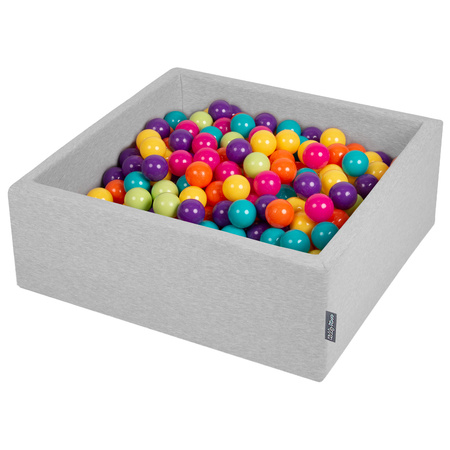 KiddyMoon Bällebad Bällepool mit bunten Bällen ∅ 7Cm  für Babys Kinder Quadrat, hellgrau:hellgrün/gelb/türkis/orange/d rosa/violet