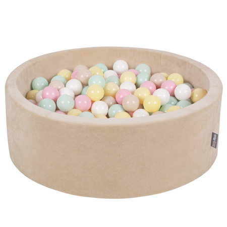KiddyMoon Rundes Bällebad Schaumstoff Velvet Sensorik Spielzeug, Sandbeige: Pastellbeige/Pastellgelb/Weiß/Mint/Puderrosa, 90 x 30 cm 300 Bälle