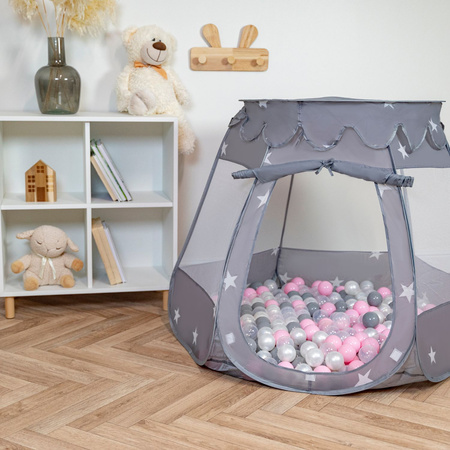 Baby Spielzelt Mit Plastikbällen Für Kinder Leicht und Kompakt ideal für Drinnen Und Draußen Fördert Sensorische Integration Schneller Aufbau, grau:perle-grau-transparent-puderrosa, 200 Bällen