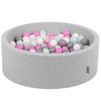 KiddyMoon Bällebad Bällepool mit bunten Bällen ∅ 7Cm  für Babys Kinder Rund, hellgrau:transparent/grau/weiß/pink/mint, 90 x 30 cm 200 Bälle