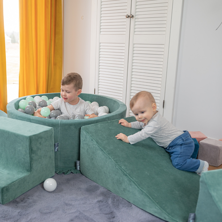 KiddyMoon Spielplatz Velvet Aus Schaumstoff Mit Samt Rund Bällebad Ballgruben Für Babys Spielbad Hindernisläufen, Hergestellt In Der EU, zieleń lasu: ciemny turkus-zielonoszary-biały