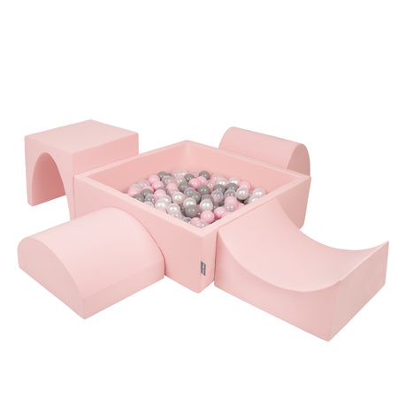 KiddyMoon Spielplatz aus Schaumstoff mit Quadrat Bällebad (300 Bälle) Ballgruben für Babys Spielbad Hindernisläufen, Hergestellt in der EU, pink:perle/grau/transparent/puderrosa, Bällebad (200 Bälle) + Version 1
