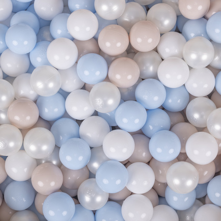 KiddyMoon Bällebad für Baby mit Teddy-Plüsch, Größere 7 cm Bälle für Eine Vollere Füllung, ab 8 Monaten, Abnehmbarer Bezug, Beige: Pastellbeige/Pastellblau/Weiß/Perle, 90 x 30 cm 200 Bälle