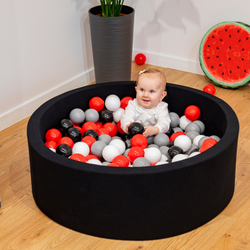 KiddyMoon Bällebad Bällepool mit bunten Bällen ∅ 7Cm  für Babys Kinder Rund, Basketball:schwarz/orange, 90x30cm/300 Bälle