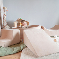 KiddyMoon Spielplatz Velvet Aus Schaumstoff Mit Samt Rund Bällebad Ballgruben Für Babys Spielbad Hindernisläufen, Hergestellt In Der EU, sandbeige:dunkeltürkis/pastellbeige/grüngrau/lachsfarben, Bällebad (200 Bälle) + Version 5