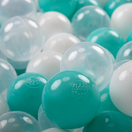 KiddyMoon Kinder Bälle für Bällebad Baby Spielbälle Plastikbälle ∅7cm Made in EU, helltürkis/weiß/transparent