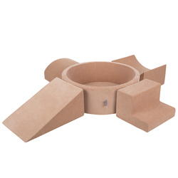 KiddyMoon Spielplatz Velvet Aus Schaumstoff Mit Samt Rund Bällebad Ballgruben Für Babys Spielbad Hindernisläufen, Hergestellt In Der EU, wüstenrosa: pastellbeige/grüngrau/pastellgelb/weiß, Bällebad (300 Bälle) + Version 5