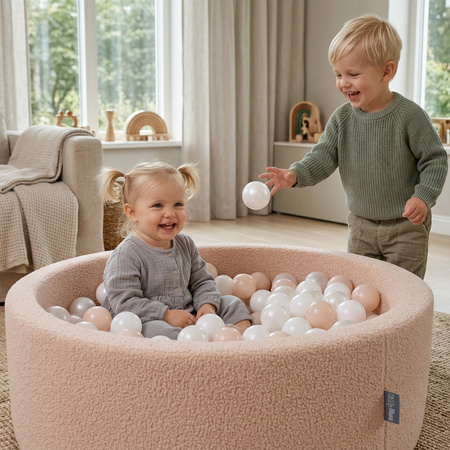 KiddyMoon Bällebad für Baby mit Teddy-Plüsch, Größere 7 cm Bälle für Eine Vollere Füllung, ab 8 Monaten, Abnehmbarer Bezug, Beige: Pastellbeige/Braun/Perle, 90 x 30 cm 200 Bälle