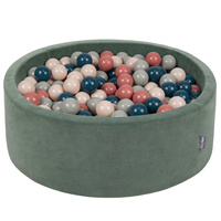 KiddyMoon Rund Bällebad Velvet Bällepool ∅ 7Cm Ballgruben Für Babys Spielbad Kleinkinder, Hergestellt in der EU, waldgrün: dunkeltürkis/pastellbeige/grüngrau/lachsfarben, 90 x 30 cm 300 Bälle