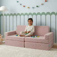 KiddyMoon Kindersofa aus Schaumstoff mit Teddy-Plüsch, modular und klappbar, mit 2 Kissen, zum Spielen, Lesen und Entspannen, rosa, Kindersofa mit 2 Kissen