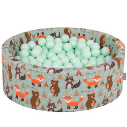 KiddyMoon Rund Bällebad Bällepool ∅ 7Cm Ballgruben Mit Bunten Bällen Für Babys Spielbad Kleinkinder, Hergestellt in der EU, Füchse-grün:mint, 90x30cm/200 Bälle