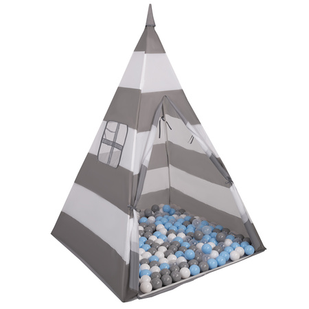 Tipi Spielzelt mit Bälle Indianerzelt für Kinder Kinderzimmer Zelt, grau-weiße Streifen:grau/weiß/transparent/babyblau, 200 Bälle