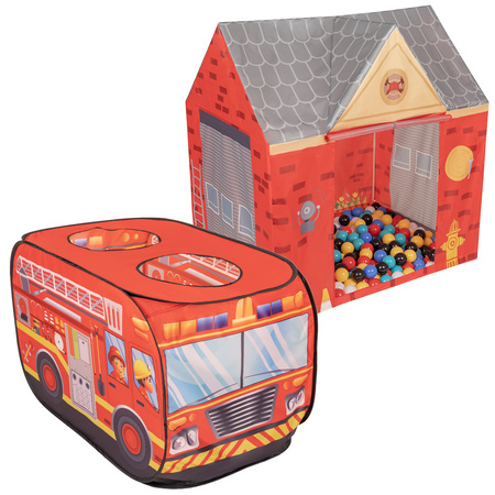 Feuerwehrauto Zelt Und Feuerwache Zelt Spielhaus Für Kinder Spielzelt Set Faltbar Pop Up Indoor Outdoor Rollenspiel Geschenk Für Jungen Mädchen Abenteuer PH-400X+PH-500X, rot:schwarz/weiß/blau/rot/gelb/türkis, 100 Bälle