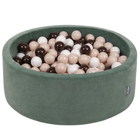 KiddyMoon Rund Bällebad Velvet Bällepool ∅ 7Cm Ballgruben Für Babys Spielbad Kleinkinder, Hergestellt in der EU, waldgrün: pastellbeige/braun/weiß, 90 x 30 cm 200 Bälle