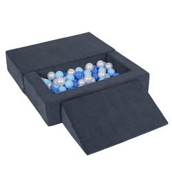 KiddyMoon Kindersofa Modular mit Weichem Zwickel und Bällen Für Kinderzimmer Bequem Vielseitig Gerippter Stoff Abnehmbarer Bezug Perfekt zum Spielen und Entspannen, dunkelblau: babyblau/blau/perle, Sofa/Zwickel + 100 Bälle