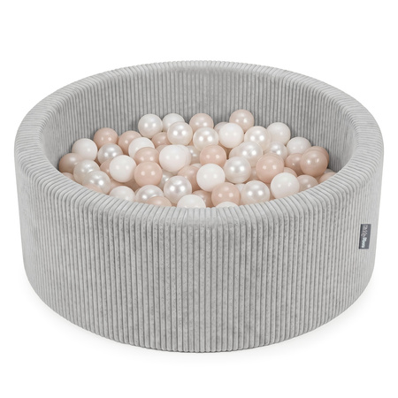 KiddyMoon Bällebad für Kinder aus Schaumstoff, weicher Rippbezug, abnehmbarer Bezug, waschbar, Hellgrau: Pastellbeige/Weiß/Perle, 90 x 30 cm 200 Bälle