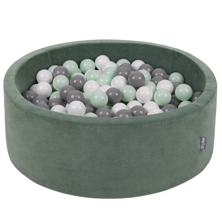 KiddyMoon Rund Bällebad Velvet Bällepool ∅ 7Cm Ballgruben Für Babys Spielbad Kleinkinder, Hergestellt in der EU, waldgrün: weiß/grau/mint, 90 x 30 cm 200 Bälle
