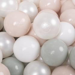 KiddyMoon Kinder Bälle für Bällebad Baby Spielbälle Plastikbälle ∅7cm Made in EU, weiß/perle/pastellbeige/grüngrau, 100 Bälle/7cm