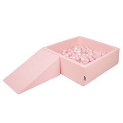 KiddyMoon Spielplatz aus Schaumstoff mit Quadrat Bällebad Bälle Hindernisläufen, pink:puderrosa/perle/transparent, Bällebad (100 Bälle) + Zwickel