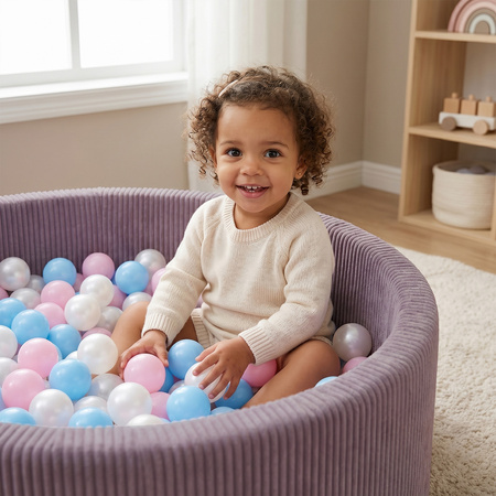 KiddyMoon Bällebad für Kinder aus Schaumstoff, 90 x 30 cm, weicher Rippbezug, abnehmbarer Bezug, weiches und sicheres Spielzeug, waschbar, Violett: Pasteblau/Pastegelb/Weiß/Minze/Puderrosa, 90 x 30 cm 200 Bälle