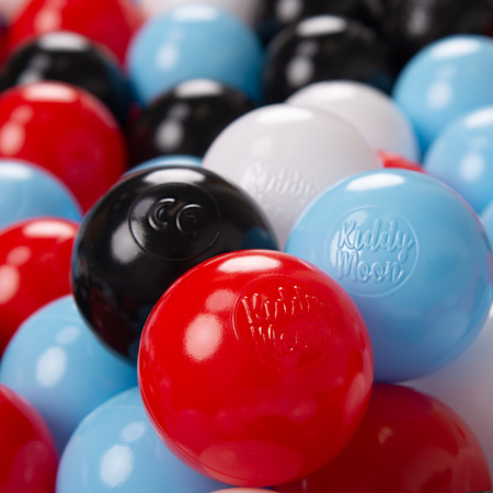 KiddyMoon Kinder Bälle für Bällebad Baby Plastikbälle Spielbälle ∅6cm Made in EU, schwarz/weiß/rot/baby blau, 50 Bälle/6cm