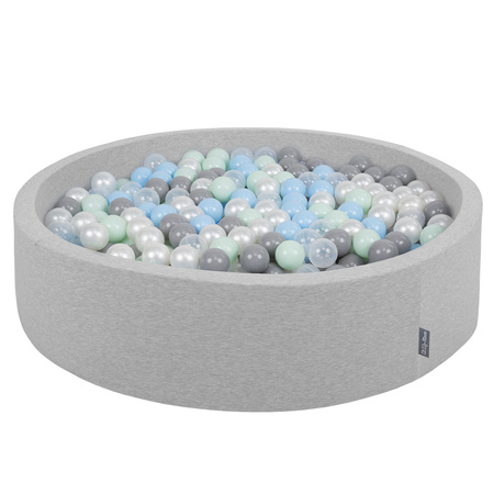 KiddyMoon Rund Bällebad Bällepool ∅ 7Cm Ballgruben Bunten Bällen Für Babys Spielbad Kleinkinder, Hergestellt in der EU, hellgrau:perle-grau-transparent-babyblau-minze, 120x30cm/1000 Bälle