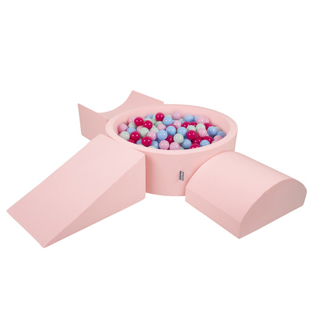 KiddyMoon Spielplatz aus Schaumstoff mit Bällebad und Bällen Hindernisläufen, pink:puderrosa/dunkelpink/babyblau/minze, Bällebad (200 Bälle) + Version 4