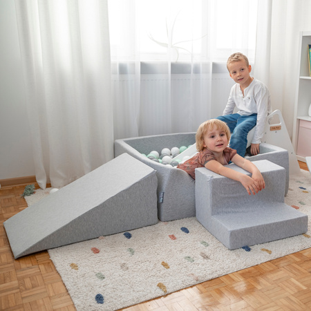 KiddyMoon Spielplatz aus Schaumstoff mit Quadrat Bällebad Bälle Hindernisläufen, hellgrau:weiß/grau/minze, Bällebad (300 Bälle) + Version 3