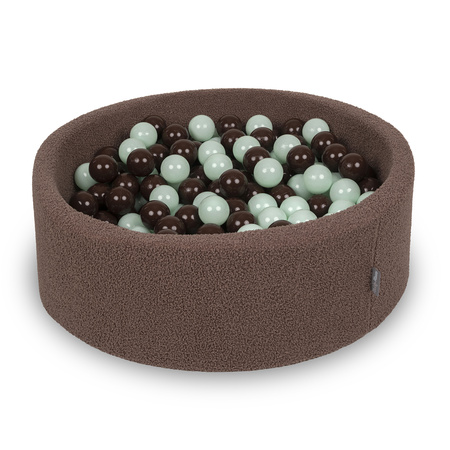 KiddyMoon Bällebad für Baby mit Teddy-Plüsch, Größere 7 cm Bälle für Eine Vollere Füllung, ab 8 Monaten, Abnehmbarer Bezug, Braun: Mint/Braun, 90 x 30 cm 300 Bälle