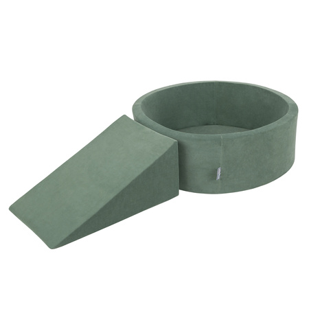 KiddyMoon Spielplatz Velvet  Aus Schaumstoff Mit Samt Rund Bällebad Ballgruben Für Babys Spielbad Hindernisläufen, Hergestellt In Der EU, waldgrün: dunkeltürkis/pastellbeige/grüngrau/lachsfarben, Bällebad (200 Bälle) + Zwickel