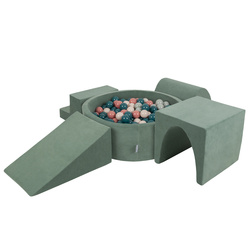 KiddyMoon Spielplatz Velvet Aus Schaumstoff Mit Samt Rund Bällebad Ballgruben Für Babys Spielbad Hindernisläufen, Hergestellt In Der EU, waldgrün: dunkeltürkis/pastellbeige/grüngrau/lachsfarben, Bällebad (200 Bälle) + Version 3