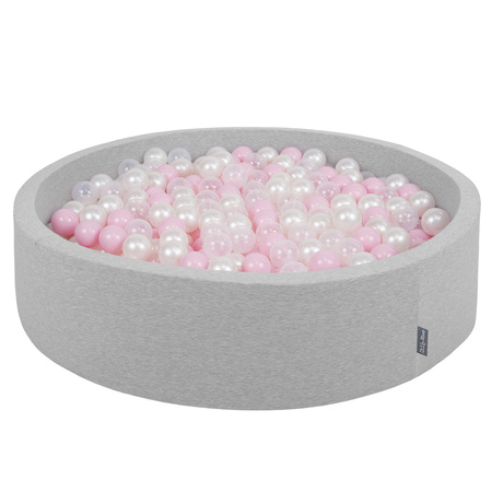 KiddyMoon Rund Bällebad Bällepool ∅ 7Cm Ballgruben Bunten Bällen Für Babys Spielbad Kleinkinder, Hergestellt in der EU, hellgrau:puderrosa-perle-transparent, 120x30cm/300 Bälle
