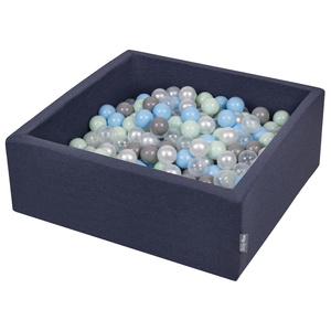 KiddyMoon Bällebad Bällepool mit bunten Bällen ∅ 7Cm  für Babys Kinder Quadrat, dunkelblau:perle/grau/transparent/babyblau/mint, 90x30cm/300 Bälle