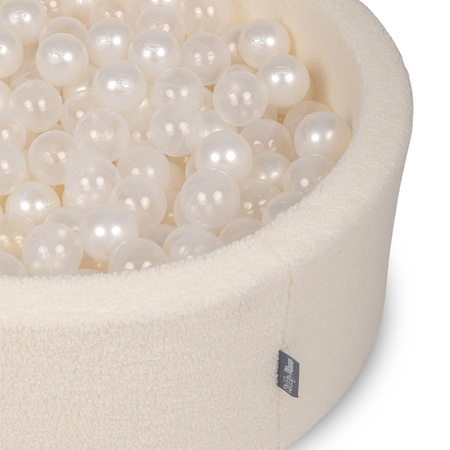 KiddyMoon Bällebad für Baby mit Teddy-Plüsch, Größere 7 cm Bälle für Eine Vollere Füllung, ab 8 Monaten, Abnehmbarer Bezug, Creme: Perle/Transparent, 90 x 30 cm 200 Bälle