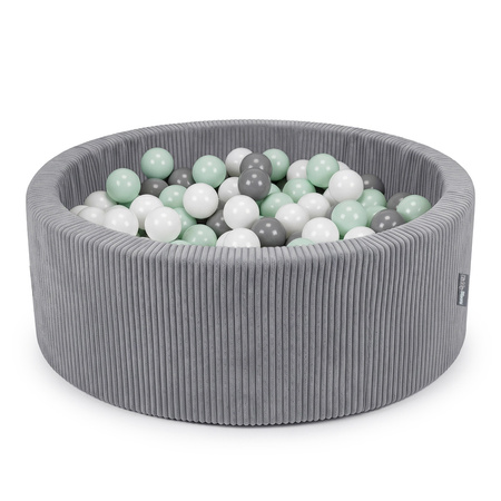 KiddyMoon Bällebad für Kinder aus Schaumstoff, weicher Rippbezug, abnehmbarer Bezug, waschbar, Dunkelgrau: Weiß/Grau/Minze, 90 x 30 cm 200 Bälle