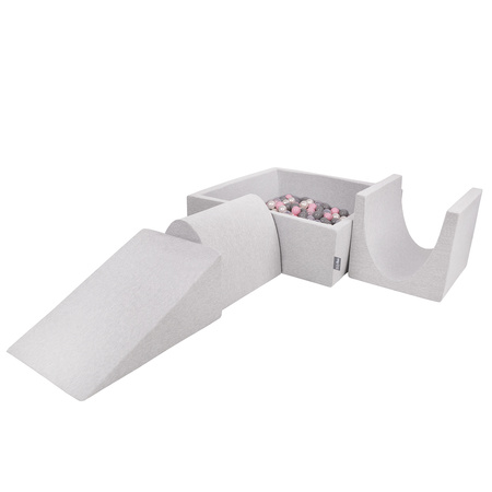 KiddyMoon Spielplatz aus Schaumstoff mit Quadrat Bällebad Bälle Hindernisläufen, hellgrau:perle/grau/transparent/puderrosa, Bällebad (200 Bälle) + Version 2