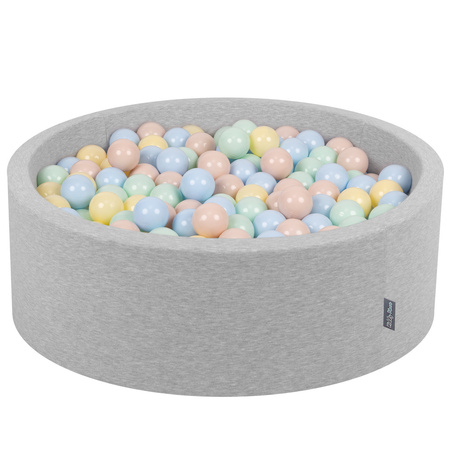 KiddyMoon Bällebad Bällepool mit bunten Bällen ∅ 7Cm  für Babys Kinder Rund, hellgrau:pastellbeige/pastellblau/pastellgelb/minze, 90x30cm/300 Bälle