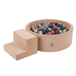KiddyMoon Spielplatz Velvet Aus Schaumstoff Mit Samt Rund Bällebad Ballgruben Für Babys Spielbad Hindernisläufen, Hergestellt In Der EU, wüstenrosa: dunkeltürkis/pastellbeige/grüngrau/lachsfarben, Bällebad (100 Bälle) + Stüfchen