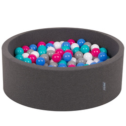 KiddyMoon Bällebad Bällepool mit bunten Bällen ∅ 7Cm  für Babys Kinder Rund, dunkelgrau:weiß/grau/blau/dunkelpink/helltürkis, 90x30cm/300 Bälle