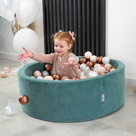 KiddyMoon Rund Bällebad Velvet Bällepool ∅ 7Cm Ballgruben Für Babys Spielbad Kleinkinder, Hergestellt in der EU, waldgrün: dunkeltürkis/pastellbeige/kupferrot, 90 x 30 cm 300 Bälle
