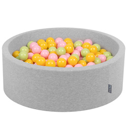 KiddyMoon Bällebad Bällepool mit bunten Bällen ∅ 7Cm  für Babys Kinder Rund, hellgrau:hellgrün/gelb/puderrosa, 90x30cm/300 Bälle