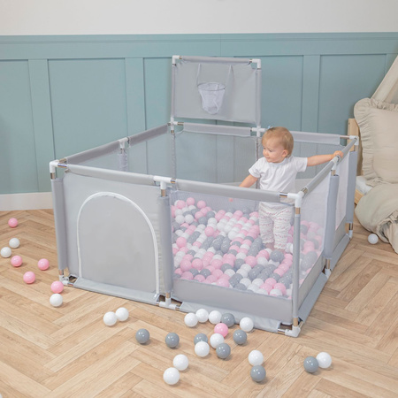 Laufstall mit Korb und Bällen Laufgitter für Kinder, grün:türkis/blau/gelb/transparent, 100 Bälle