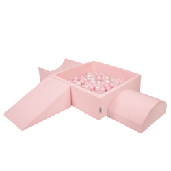 KiddyMoon Spielplatz aus Schaumstoff mit Quadrat Bällebad Bälle Hindernisläufen, pink:puderrosa/perle/transparent, Bällebad (200 Bälle) + Version 4