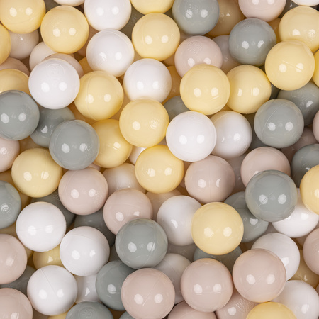 KiddyMoon Bällebad Bällepool mit bunten Bällen ∅ 7Cm  für Babys Kinder Rund, beige:pastellbeige/grüngrau/pastellgelb/weiß, 90x30cm/300 Bälle