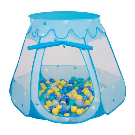 Baby Spielzelt Mit Plastikbällen Für Kinder Leicht und Kompakt ideal für Drinnen Und Draußen Fördert Sensorische Integration Schneller Aufbau, blau:türkis-blau-gelb-transparent, 300 Bällen