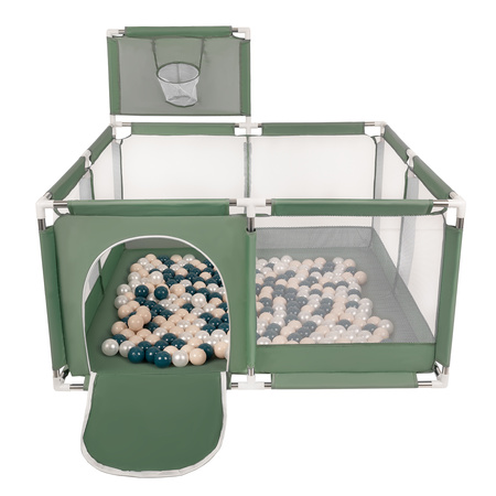 Laufstall mit Korb und Bällen Laufgitter für Kinder, grün:dunkeltürkis/pastellbeige/perle, 200 Bälle
