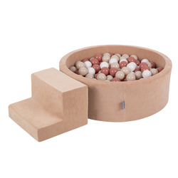 KiddyMoon Spielplatz Velvet Aus Schaumstoff Mit Samt Rund Bällebad Ballgruben Für Babys Spielbad Hindernisläufen, Hergestellt In Der EU, wüstenrosa: pastellbeige/lachsfarben/weiß, Bällebad (100 Bälle) + Stüfchen