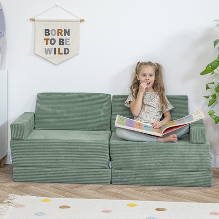 KiddyMoon Kindersofa aus Schaumstoff, Spielsofa für Kinder, Kindersessel, Sofa fürs Kinderzimmer, Kindercouch, Faltmatratze, grün, Kindersofa mit 2 Kissen