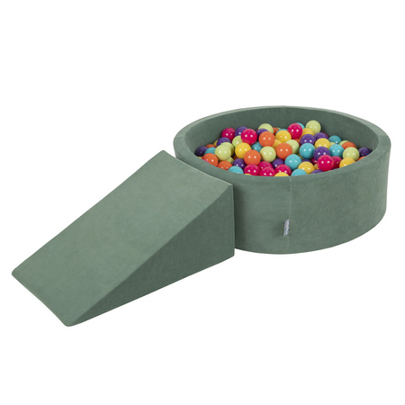KiddyMoon Spielplatz Velvet Aus Schaumstoff Mit Samt Rund Bällebad Ballgruben Für Babys Spielbad Hindernisläufen, Hergestellt In Der EU, waldgrün: hellgrün/gelb/türkis/orange/dunkelpink/violett, Bällebad (200 Bälle) + Zwickel