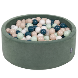 KiddyMoon Rund Bällebad Velvet Bällepool ∅ 7Cm Ballgruben Für Babys Spielbad Kleinkinder, Hergestellt in der EU, waldgrün: dunkeltürkis/pastellbeige/weiß/minze, 90x30cm/200 Bälle